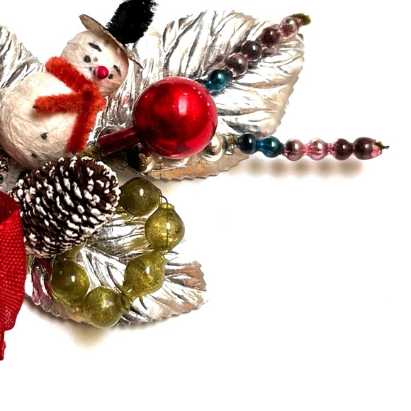Vintage Christmas Corsage Spun Cotton Snowman Mercury Glass Beads - Picture 3 of 6